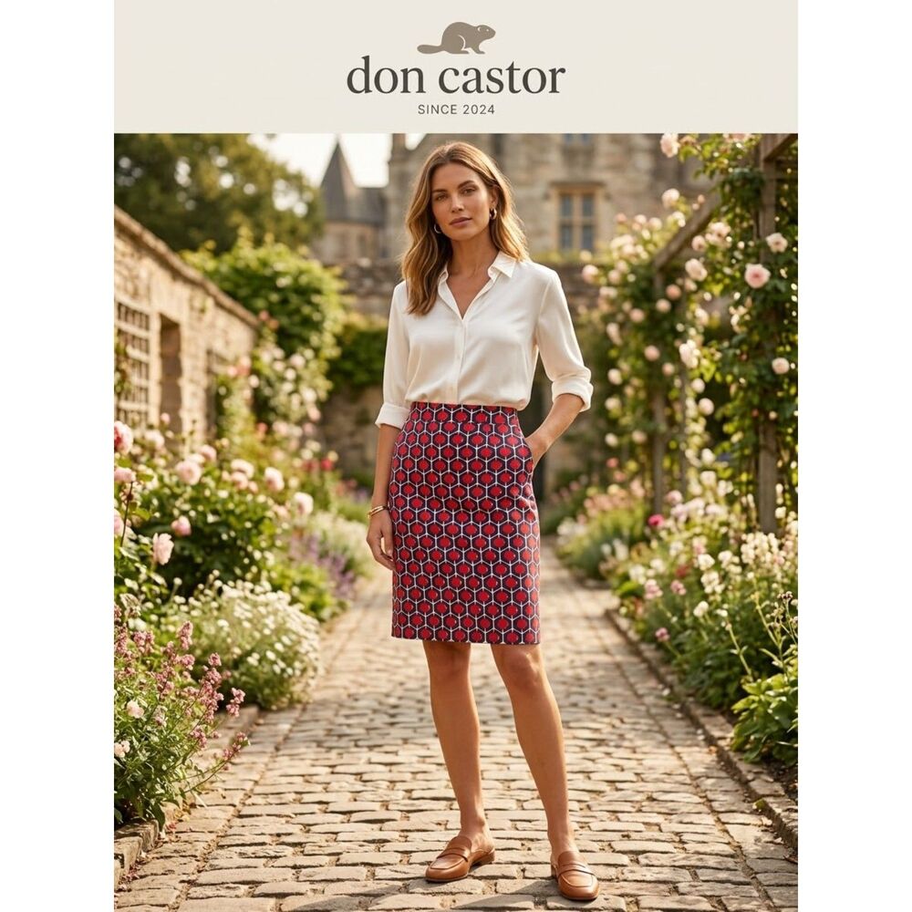 DonCaster Navy Blue & Red Geometric Lined Skirt Size 12